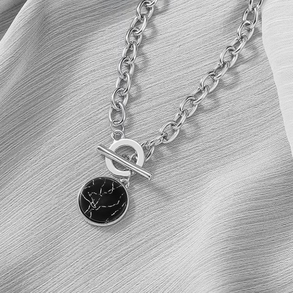 NEW Silver Plated Necklace Round Marble Pendant - Picture 2 of 4